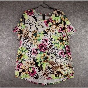 Chico's 3 Top Womens XL Floral Colorful Tropical Zip Back Short Sleeve Knit